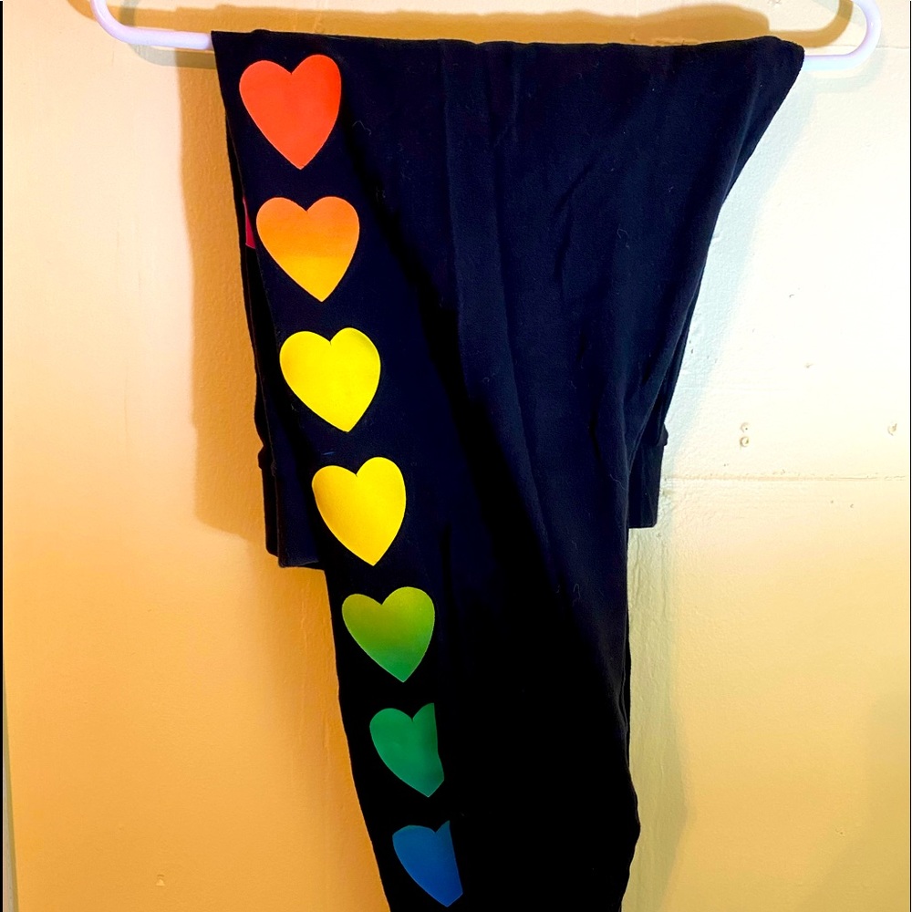 Black leggings with rainbow hearts